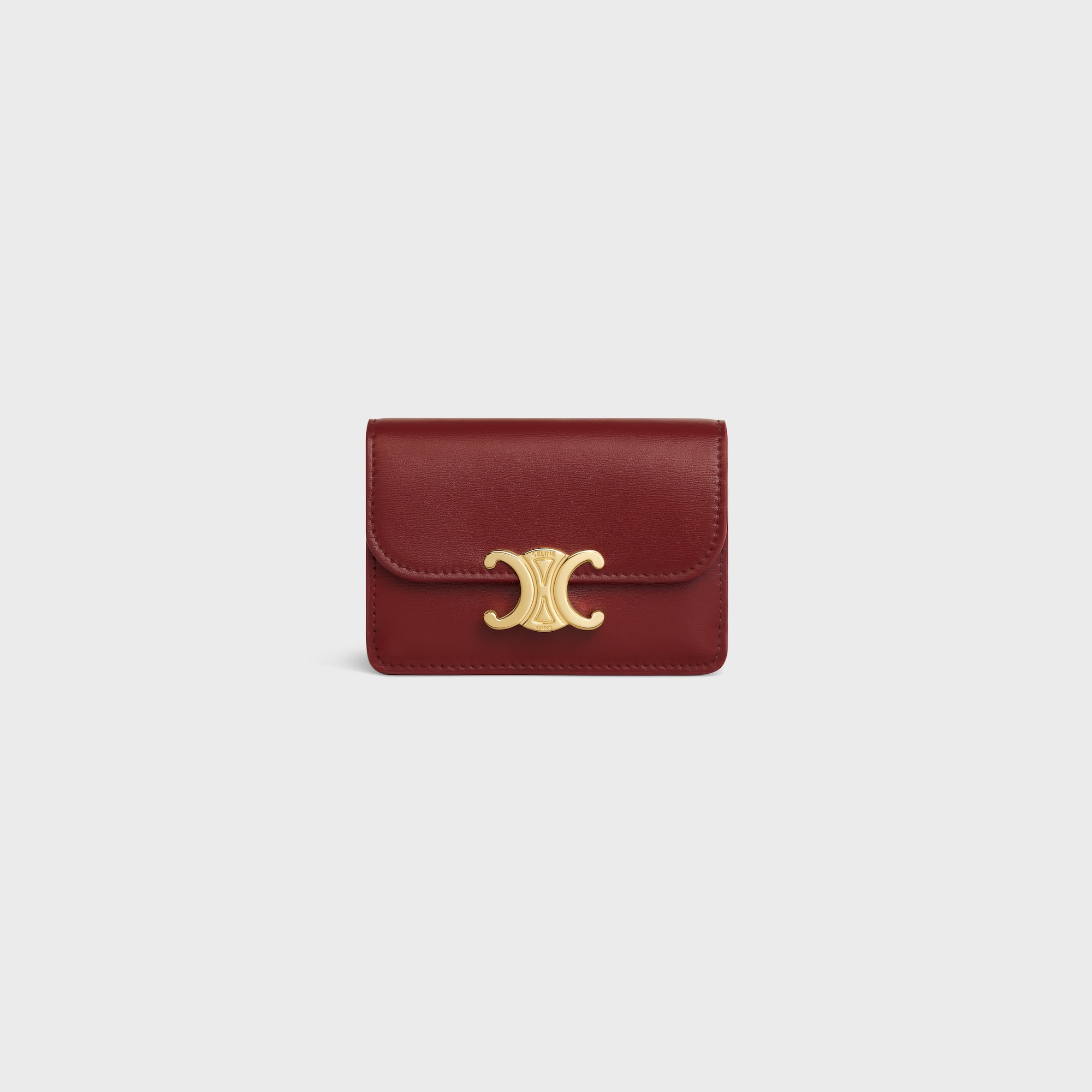 CARD HOLDER WITH FLAP TRIOMPHE IN SHINY CALFSKIN DARK RUBY - Image 1